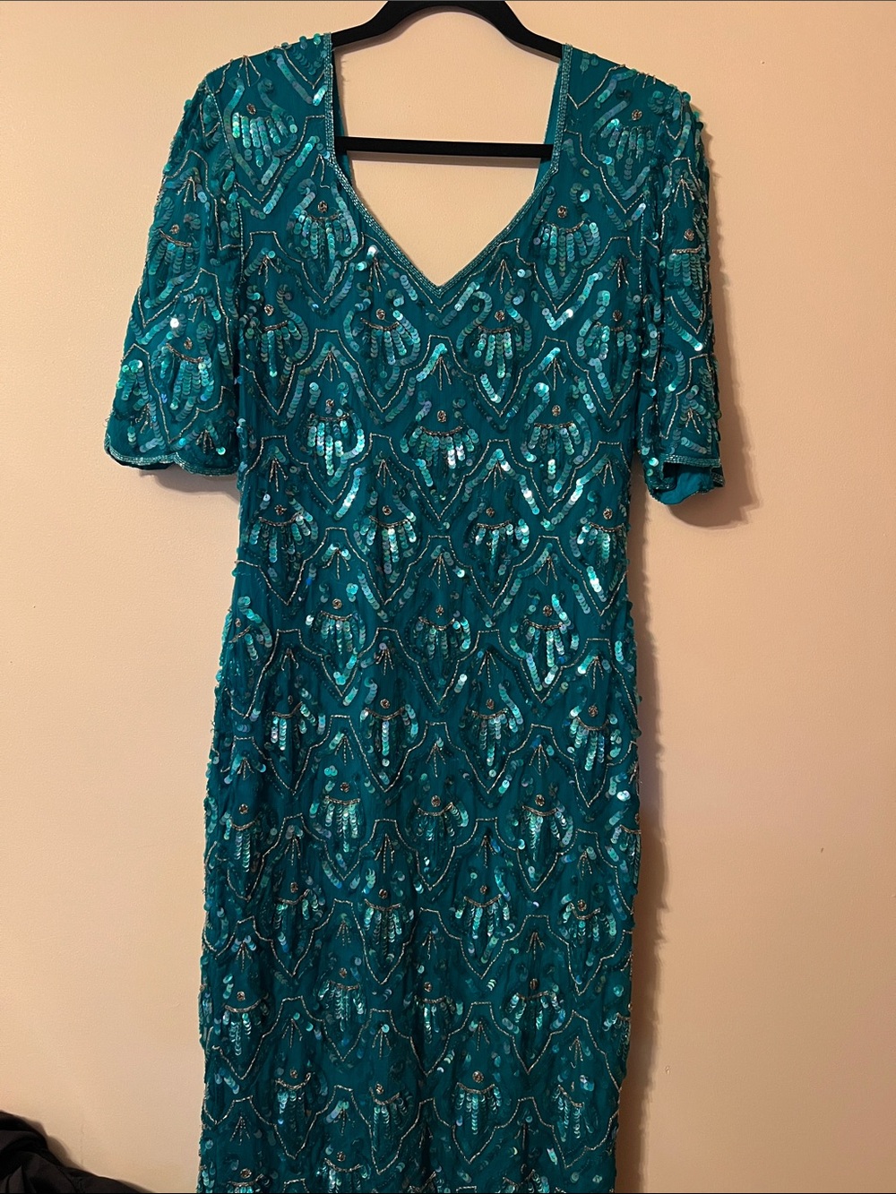Vintage Teal Sequin V-Neck Midi Dress